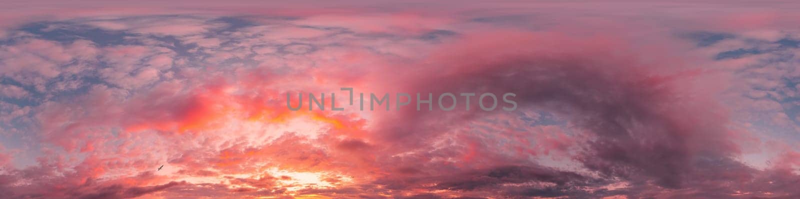 Sunset sky panorama with bright glowing pink Cirrus clouds. HDR 360 seamless spherical panorama. Full zenith or sky dome in 3D, sky replacement for aerial drone panoramas. Climate and weather change. by Matiunina