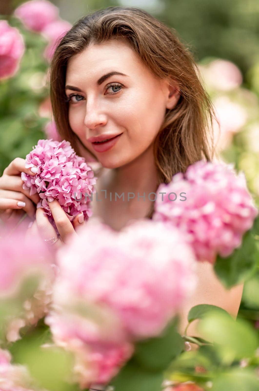 Hydrangeas Happy woman in pink dress amid hydrangeas. Large pink hydrangea caps surround woman. Sunny outdoor setting. Showcasing happy woman amid hydrangea bloom