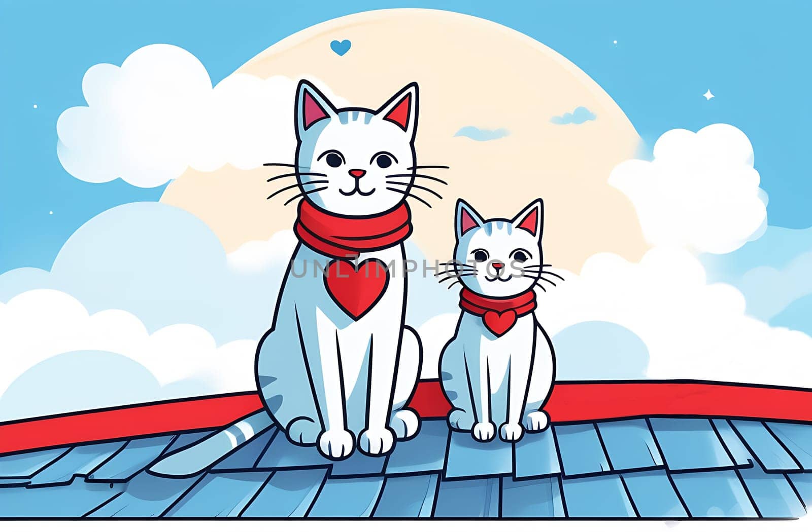 Two cats with a scarf on the neck are sitting on the roof at daytime by Smile19