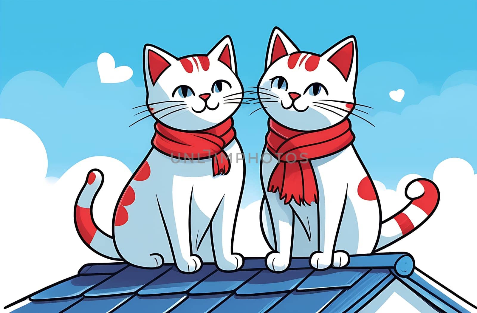 Two cats with a scarf on the neck are sitting on the roof at daytime by Smile19