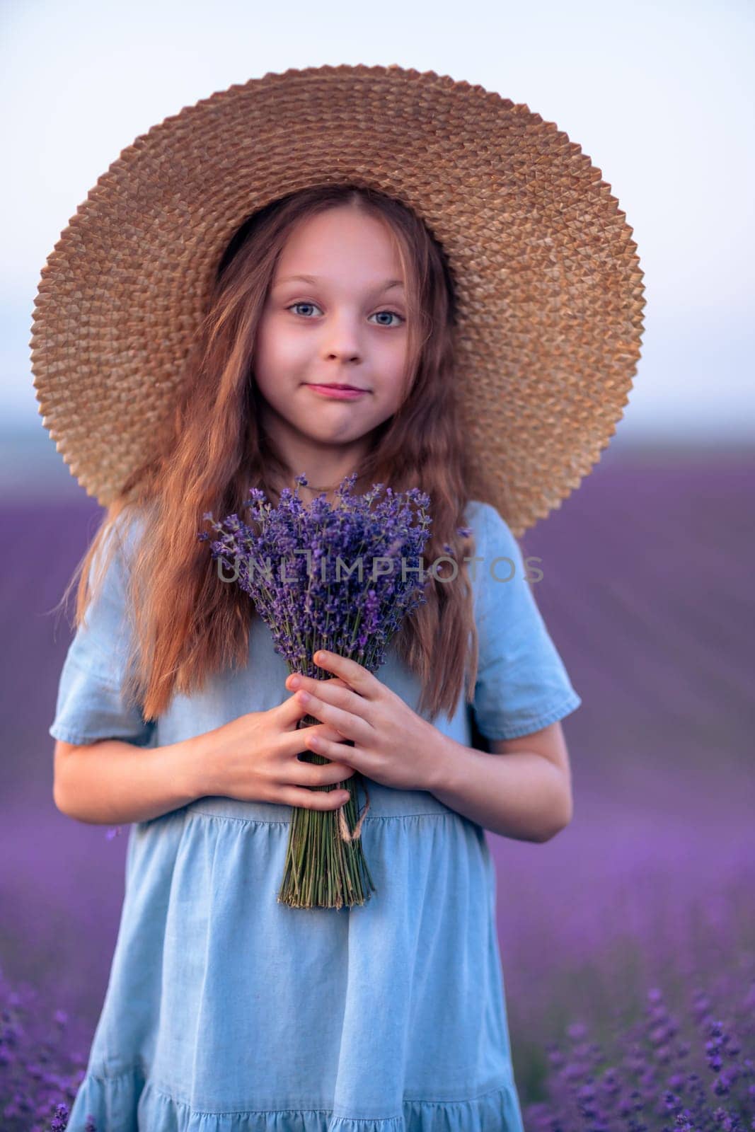 Girl lavender field in a blue dress with flowing hair in a hat stands in a lilac lavender field by Matiunina