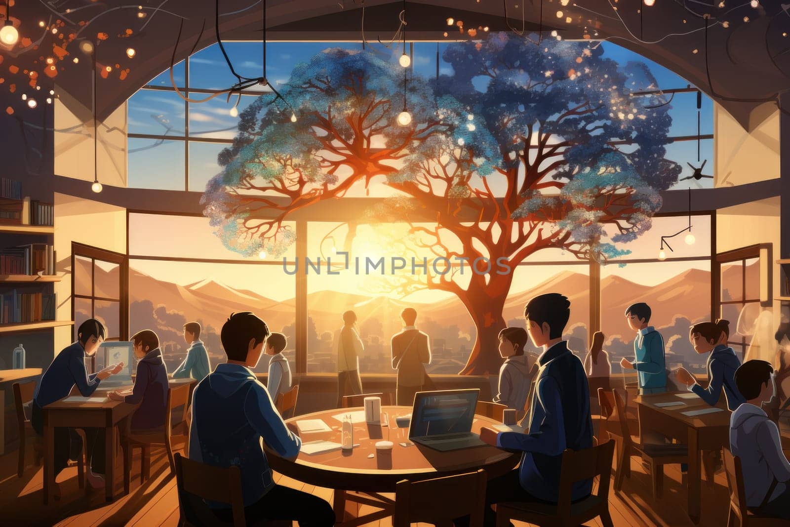 group student in class room, students in a library, Round table discussion, illustrator, Generative AI by nijieimu