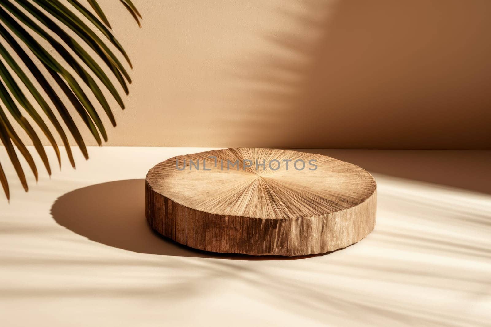 Empty minimal natural wooden podium background for product.