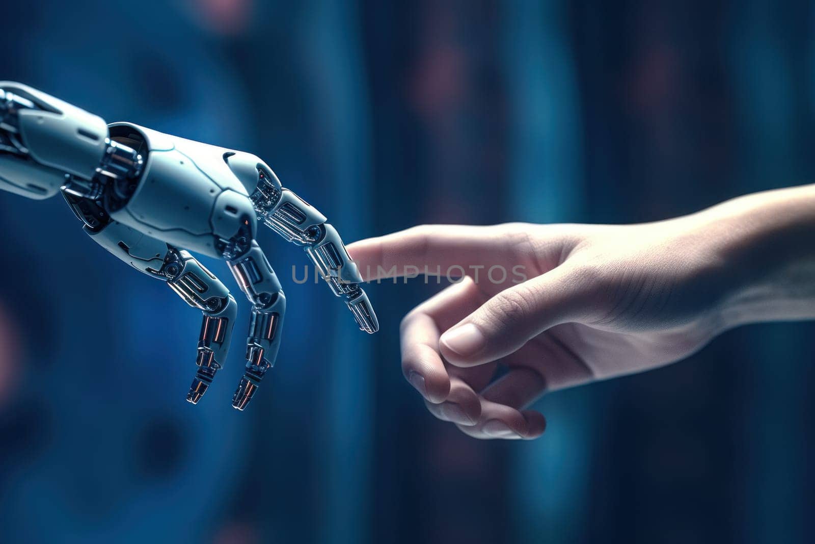 Artificial intelligence robot finger touching to human finger Generative AI.