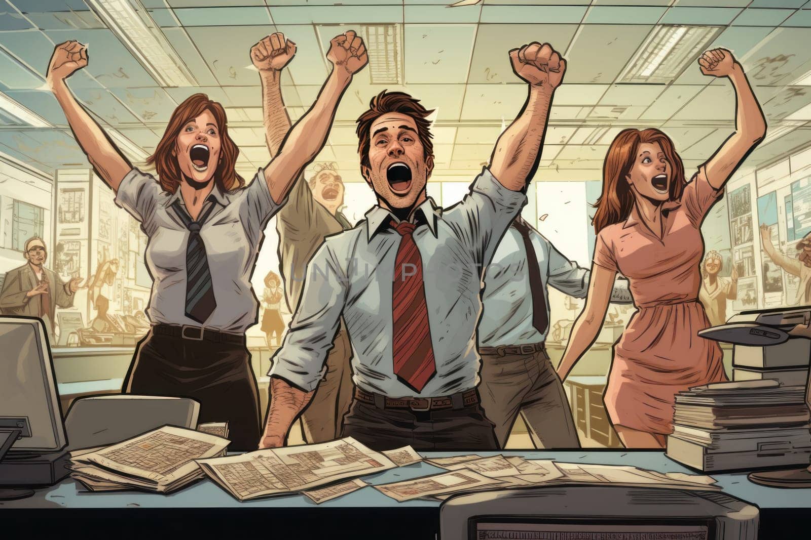 Group of successful happy business people in office celebrating Generative AI.