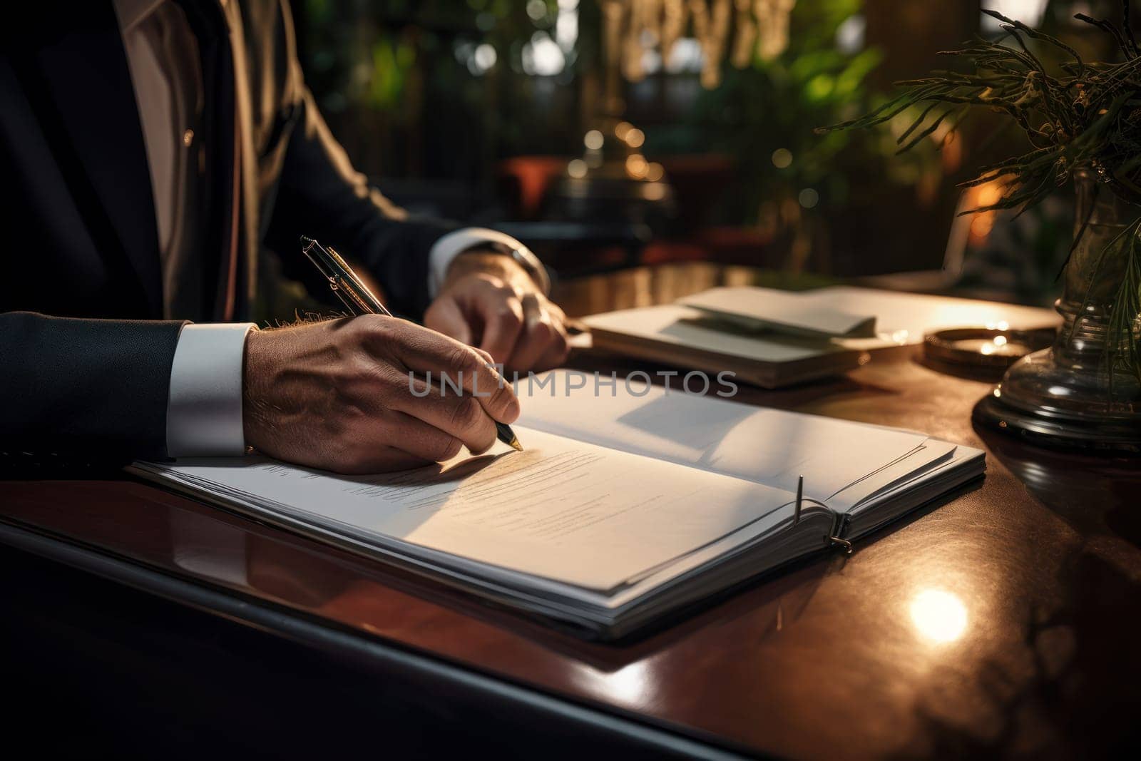 Close up of an office desk with pen and documents working hands in business suits Generative AI by nijieimu