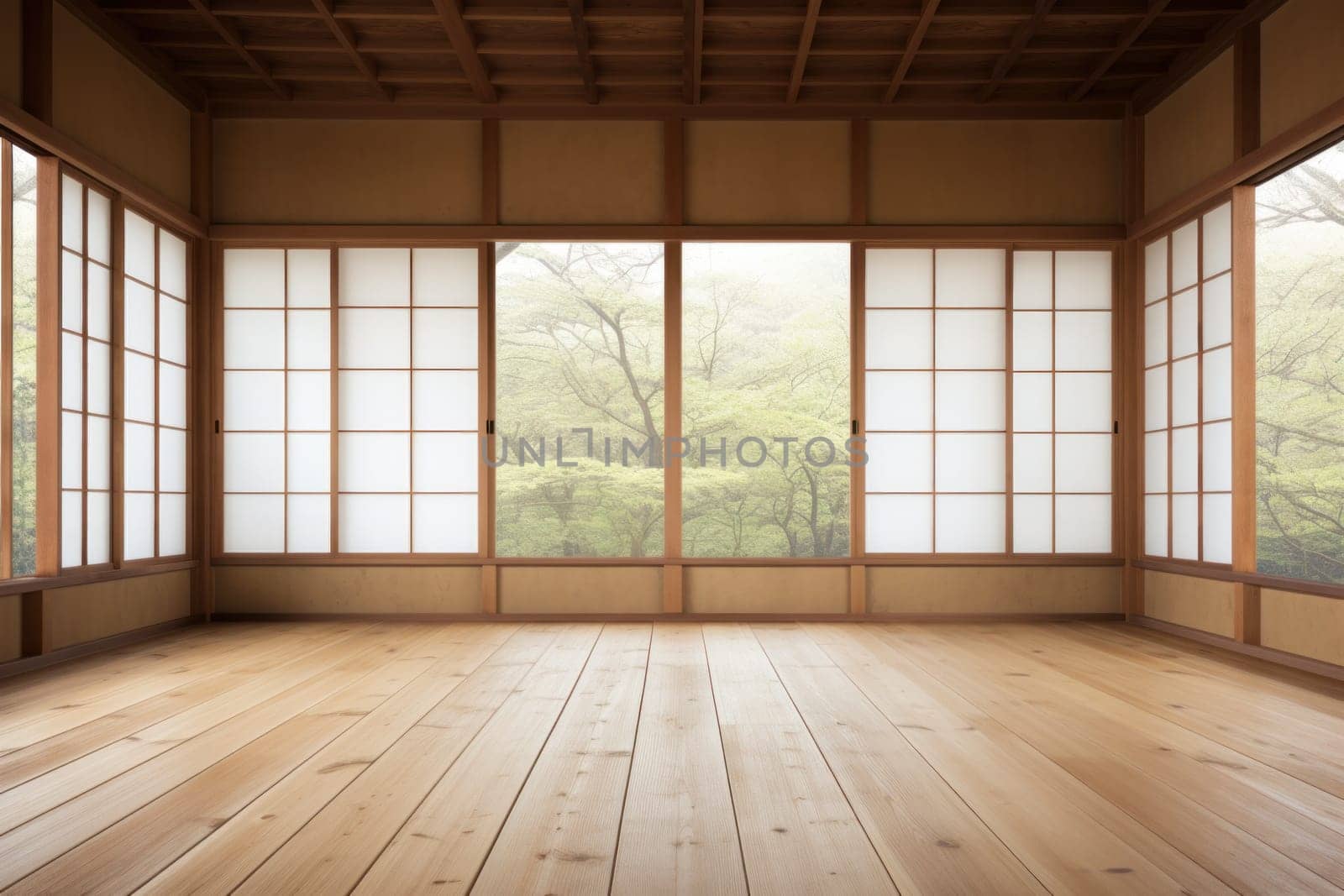 Muji style, Empty wooden room, Cleaning japandi room interior.