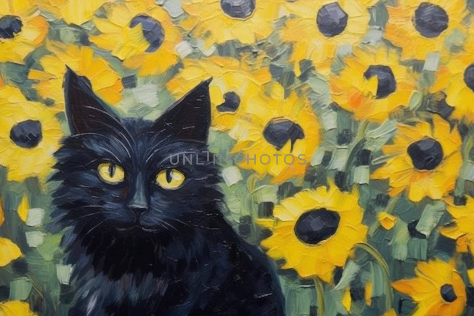Black Cat made of oil paint modern art with sunflower Generative AI.