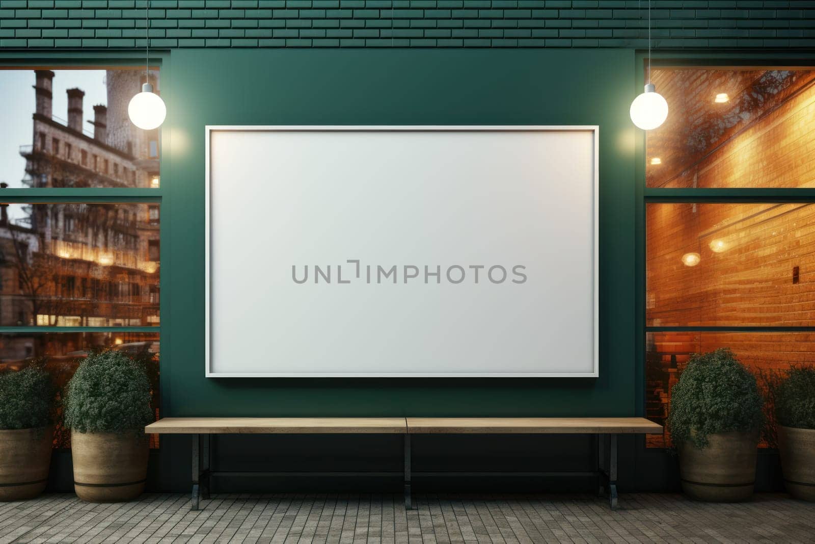 An mock up photo of an empty white sign hanging on a store front Generative AI.