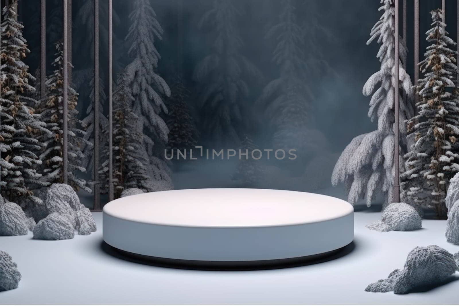 Minimal podium mockup on winter background. Generative AI.
