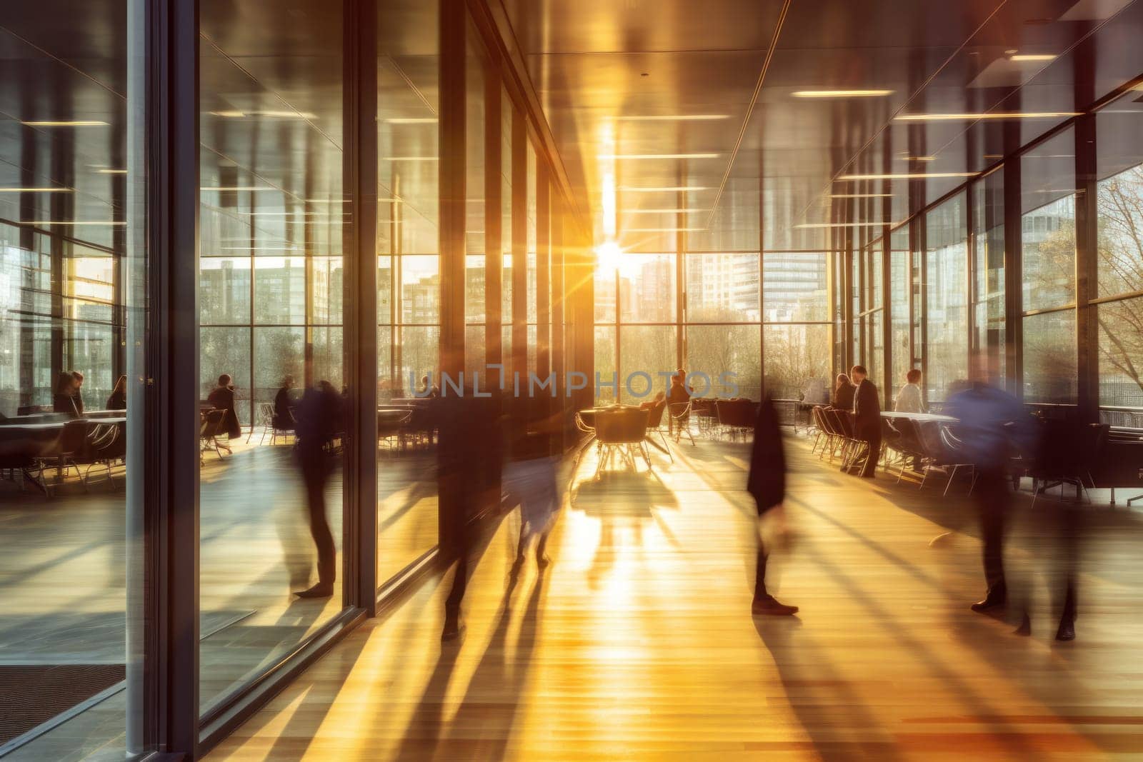 An office building with a huge people flow, fast shutter, Business people walking, Generative AI.