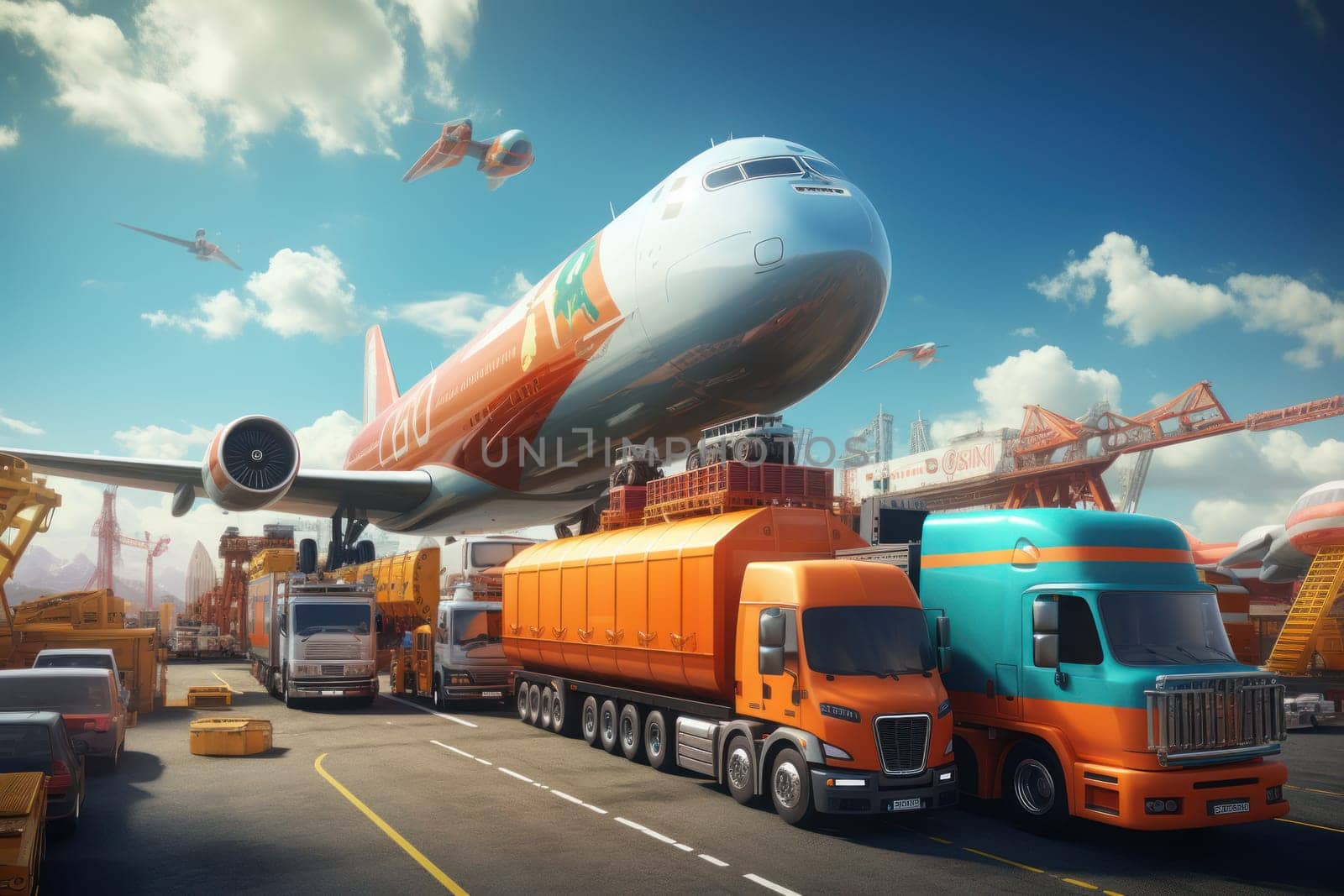 Global business logistics import export concept airplane truck train ship container Generative AI by nijieimu