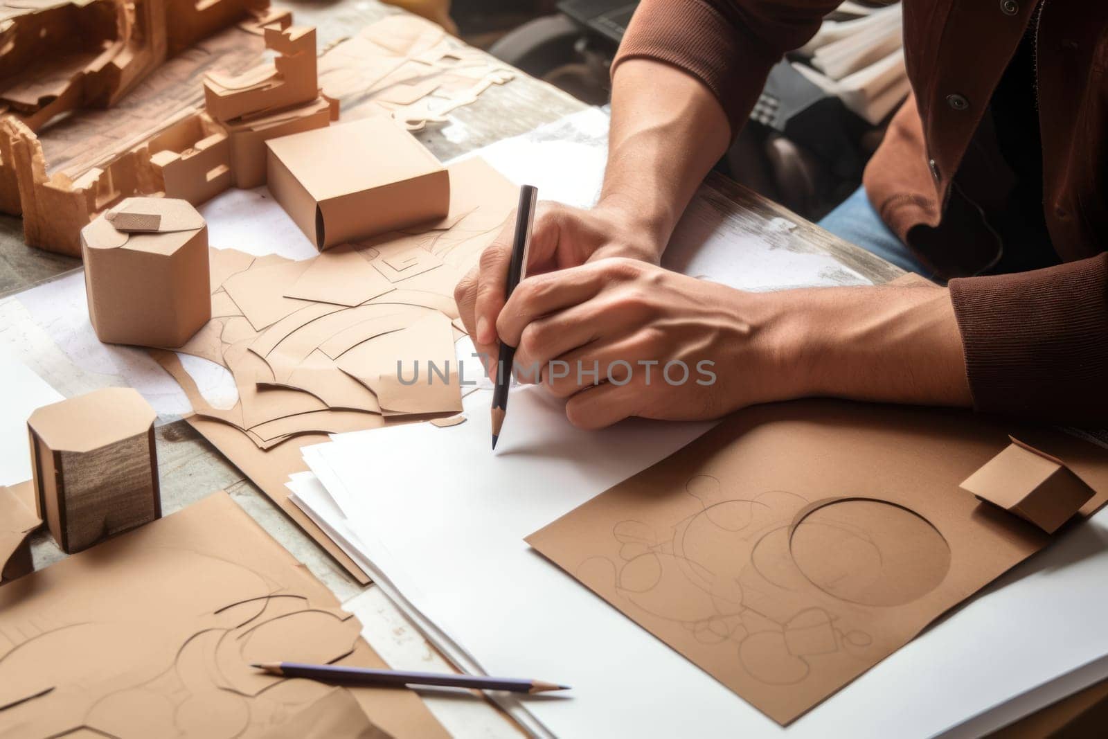 Designer sketching drawing design Brown craft cardboard paper packaging mockup box Generative AI.