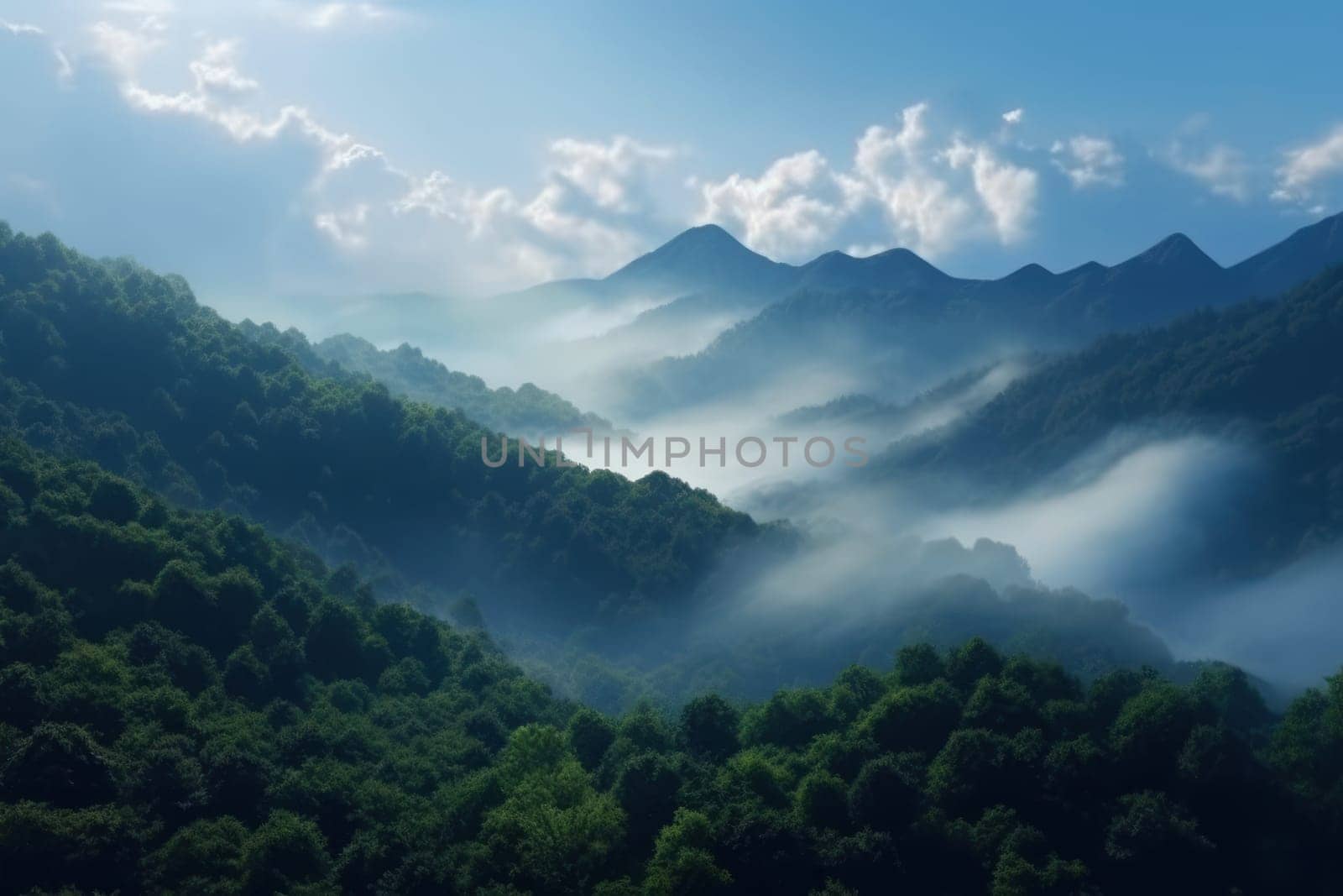 The mountains are covered in a layer of mist and clouds Generative AI.