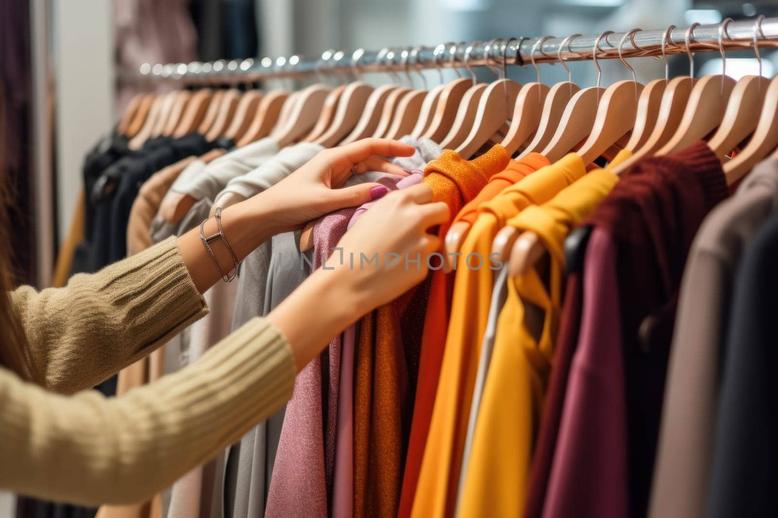 Close up of Female Hands Plucked Hanger Choosing Clothes in a Clothing Store Generative AI.
