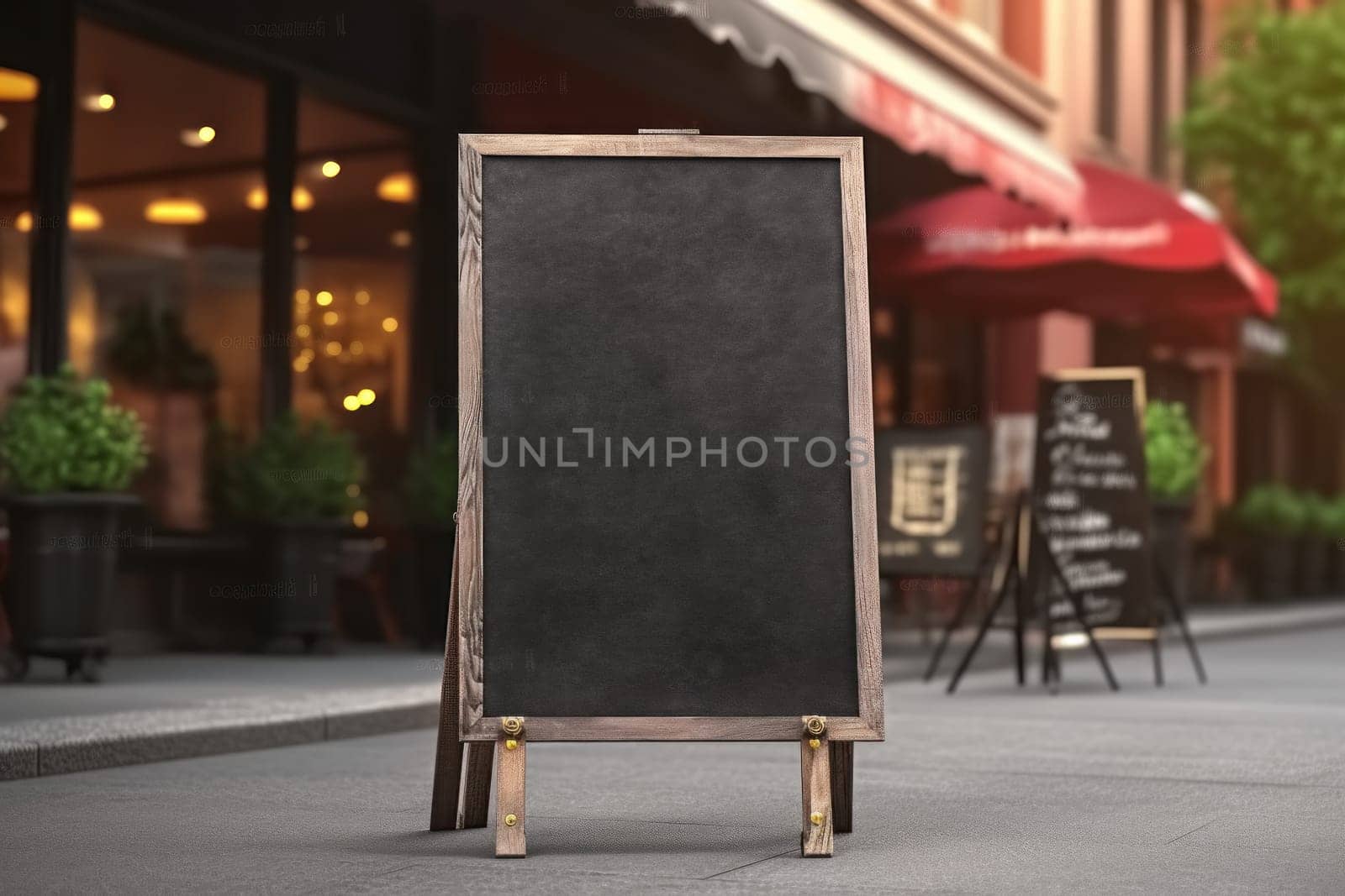 Advertising blank Blackboard, Blank restaurant shop sign or menu boards in shopping mall center, Blackboard sign mockup in front of a restaurant Signboard, Generative AI by nijieimu