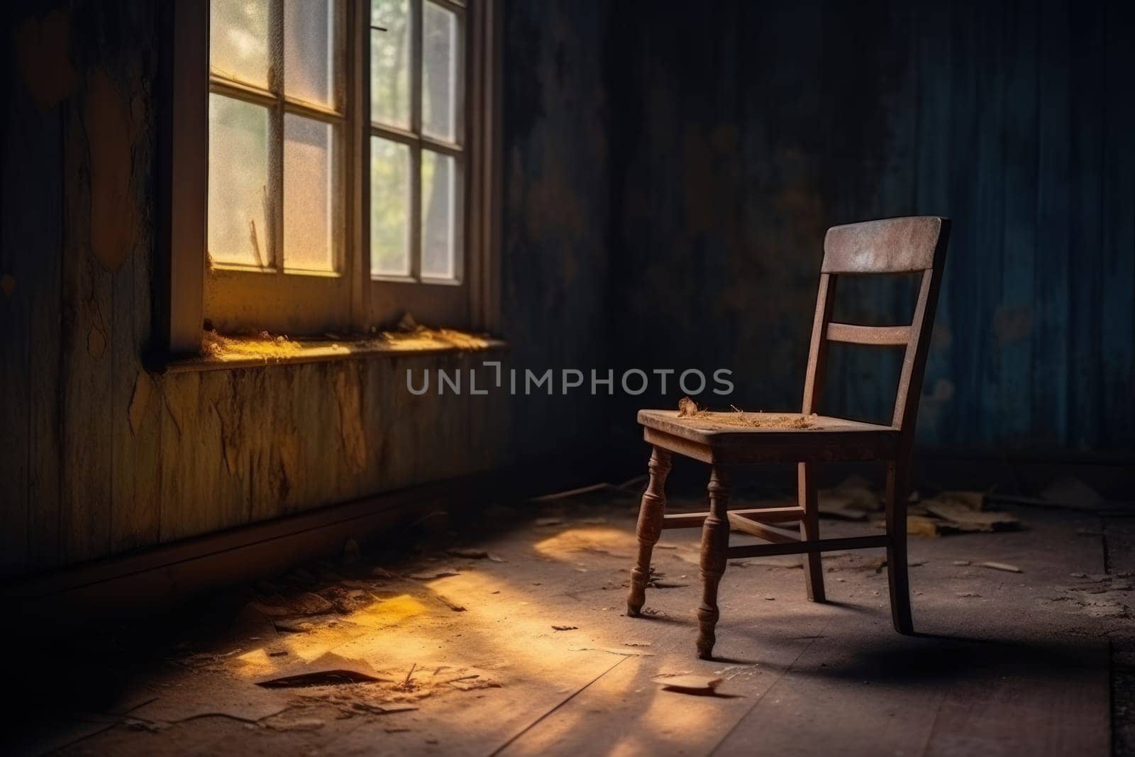 Old vintage stylish wood chair into abandoned room Generative AI.