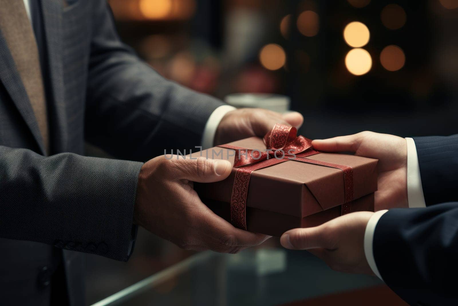 Close-up view of hands Giving a business gift in an office Generative AI.