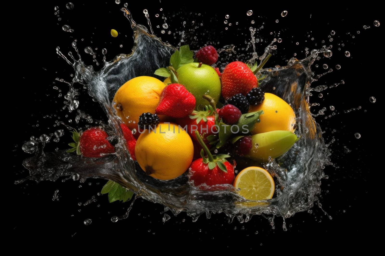Photo of various fruites with water splashes.