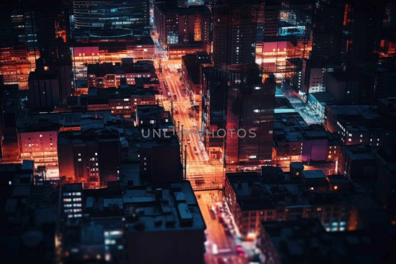 Aerial view of neon city, Cyberpunk metropolis at night by nijieimu