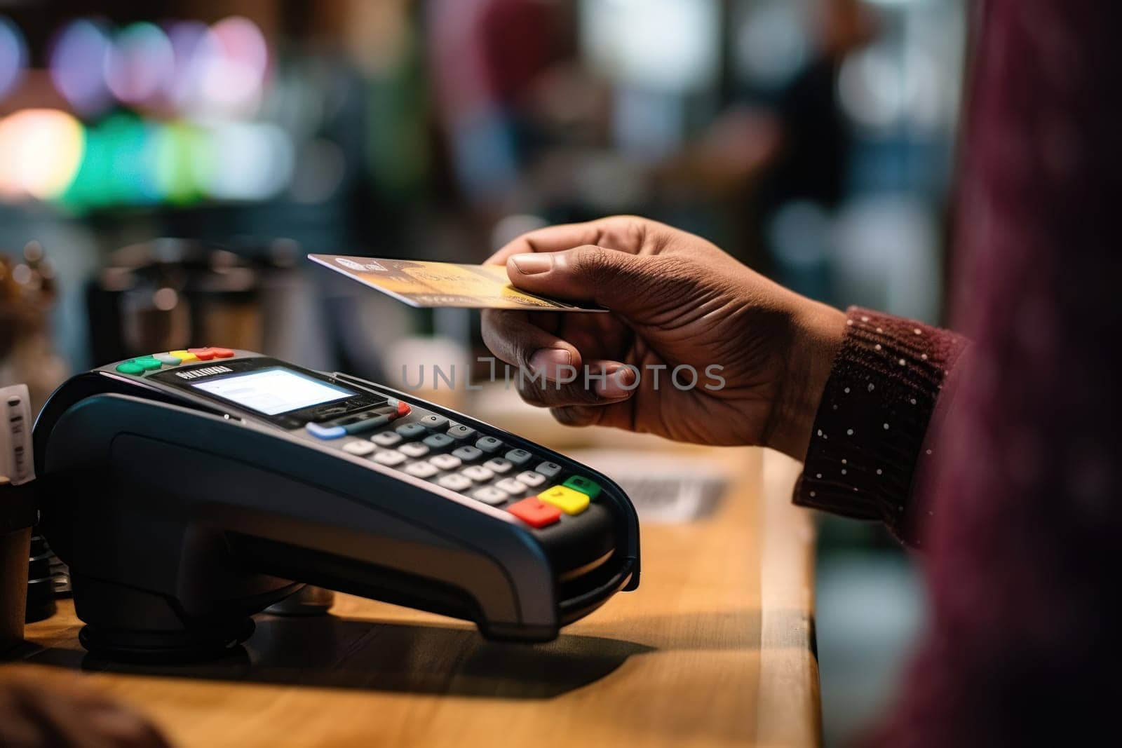 Hand of customer paying with contactless credit card Generative AI.