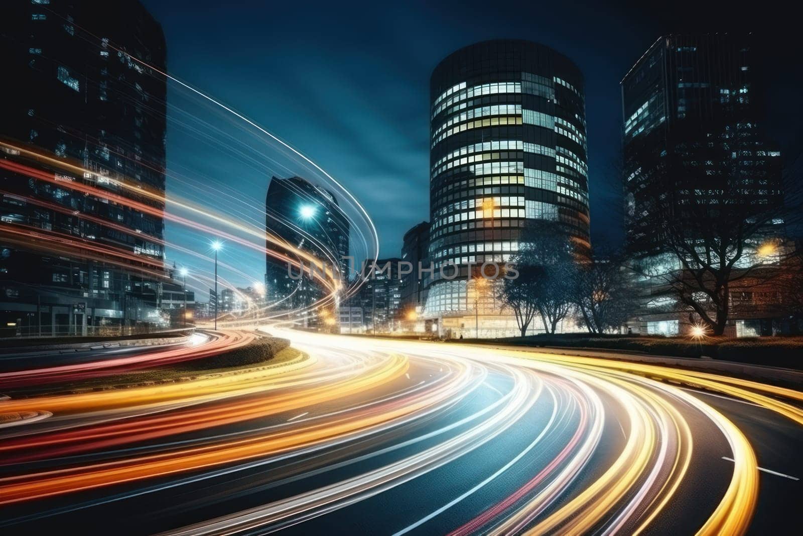 High speed traffic and light trails in highway at twilight Modern city at night Generative AI.
