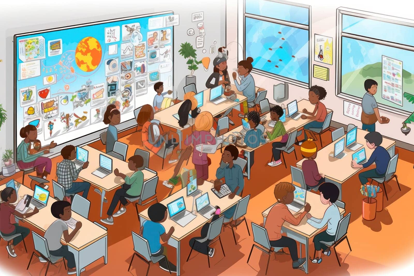 group student in class room, students in a library, Round table discussion, illustrator, Generative AI.