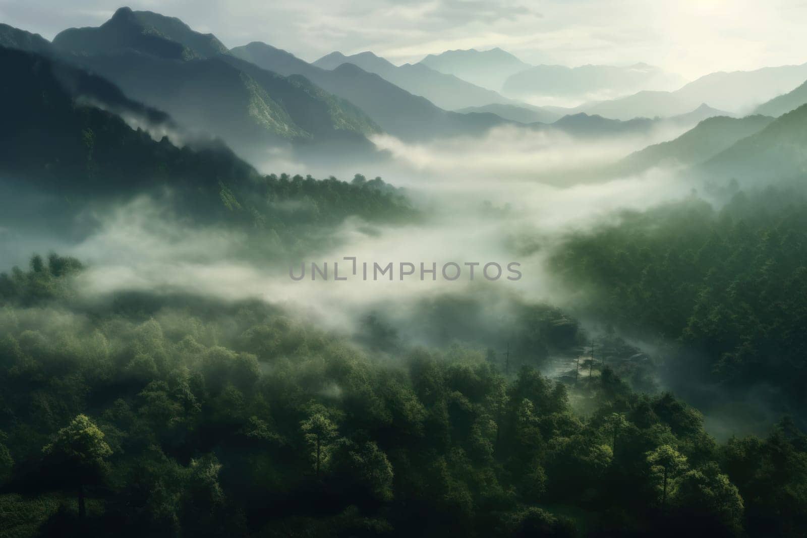 The mountains are covered in a layer of mist and clouds Generative AI.