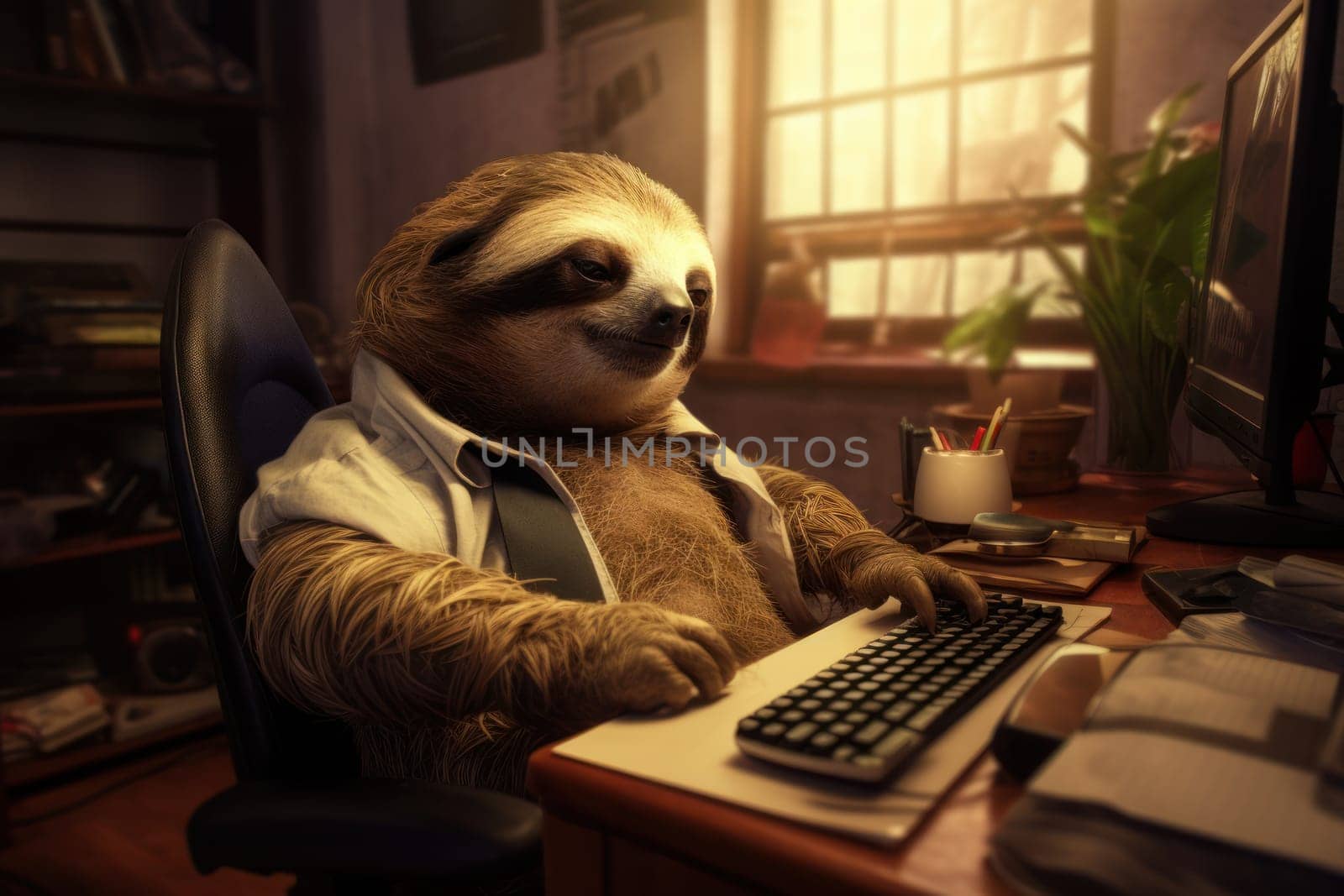 Photo sloth being lazy in the office Generative AI.