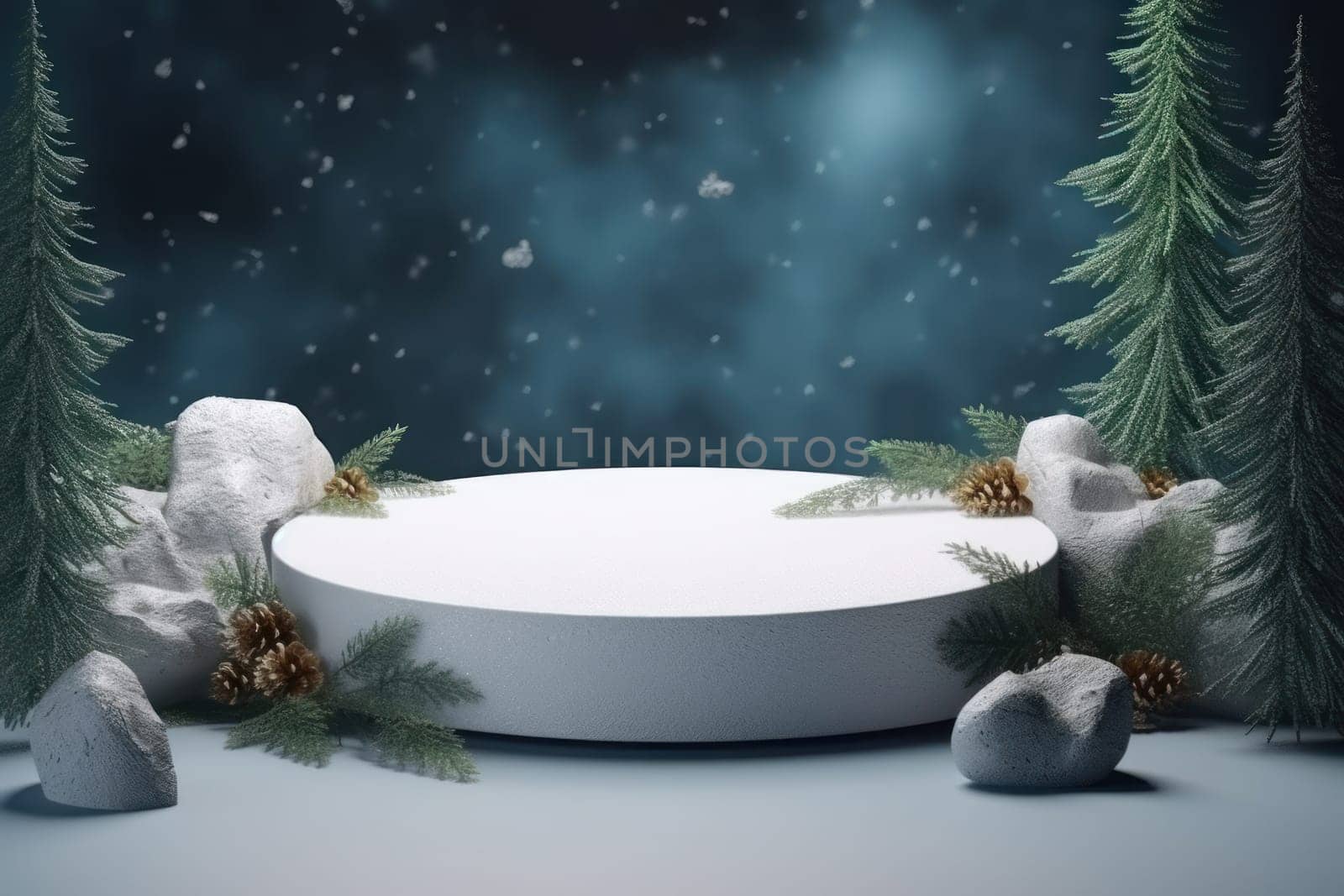 Minimal podium mockup on winter background. Generative AI.