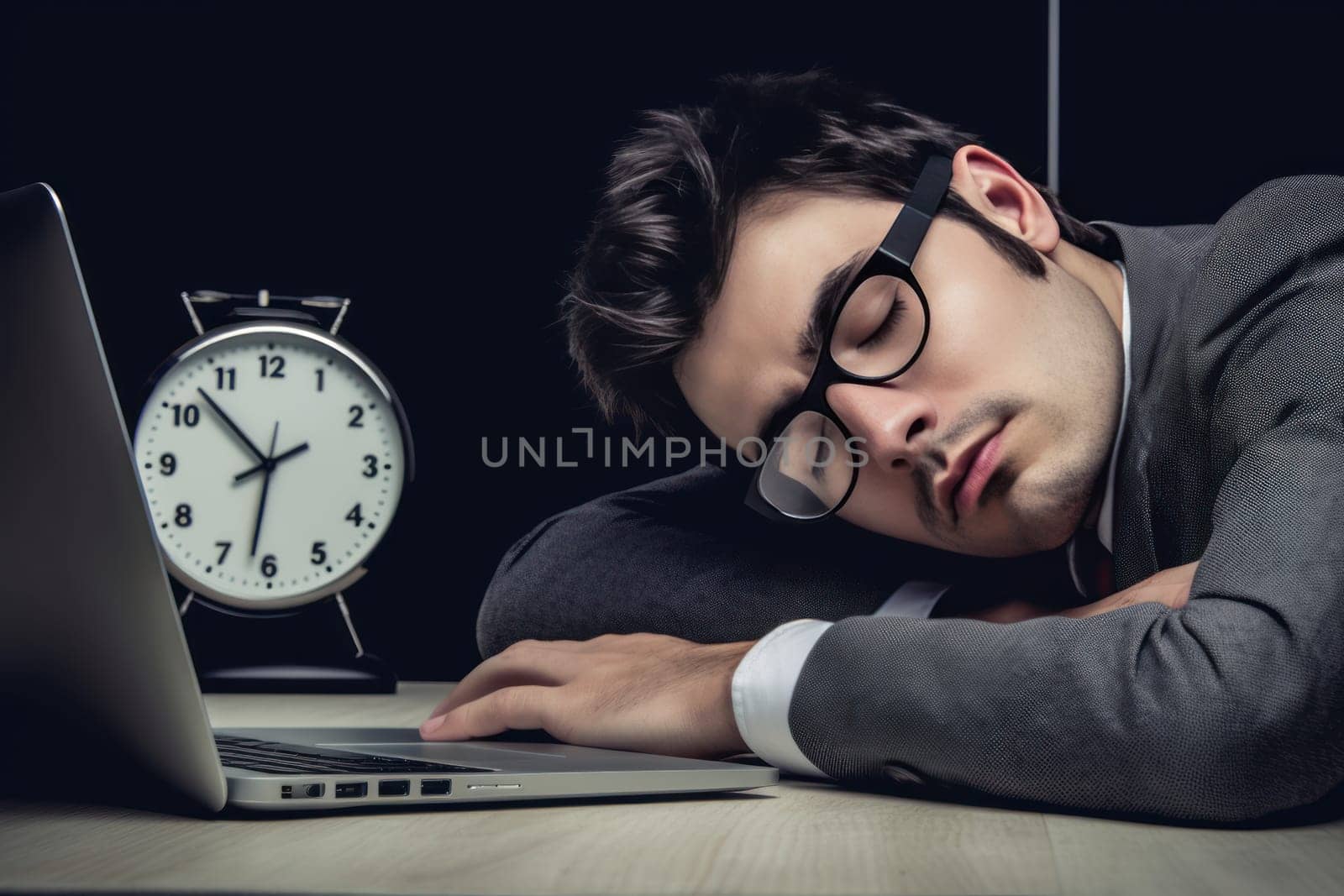 Tired businessman in business suit work overtime and sleep on desk Generative AI.