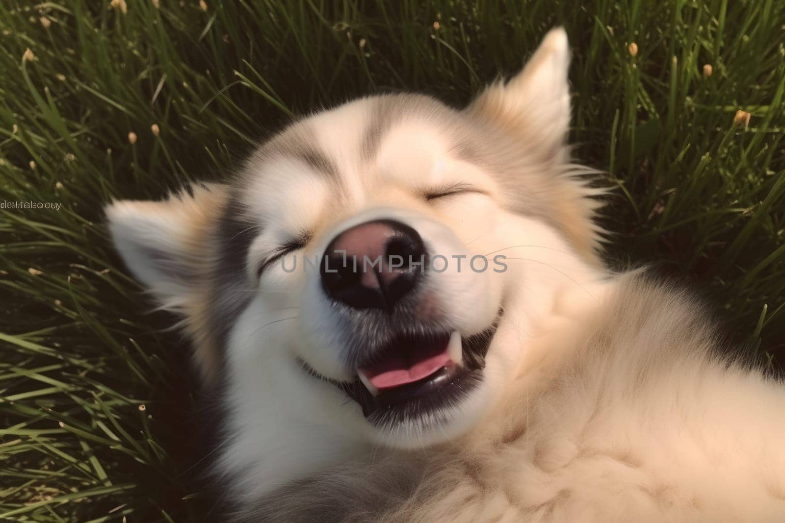 Cute Siberain Husky sleeping in grass upward facing the camera Generative AI by nijieimu