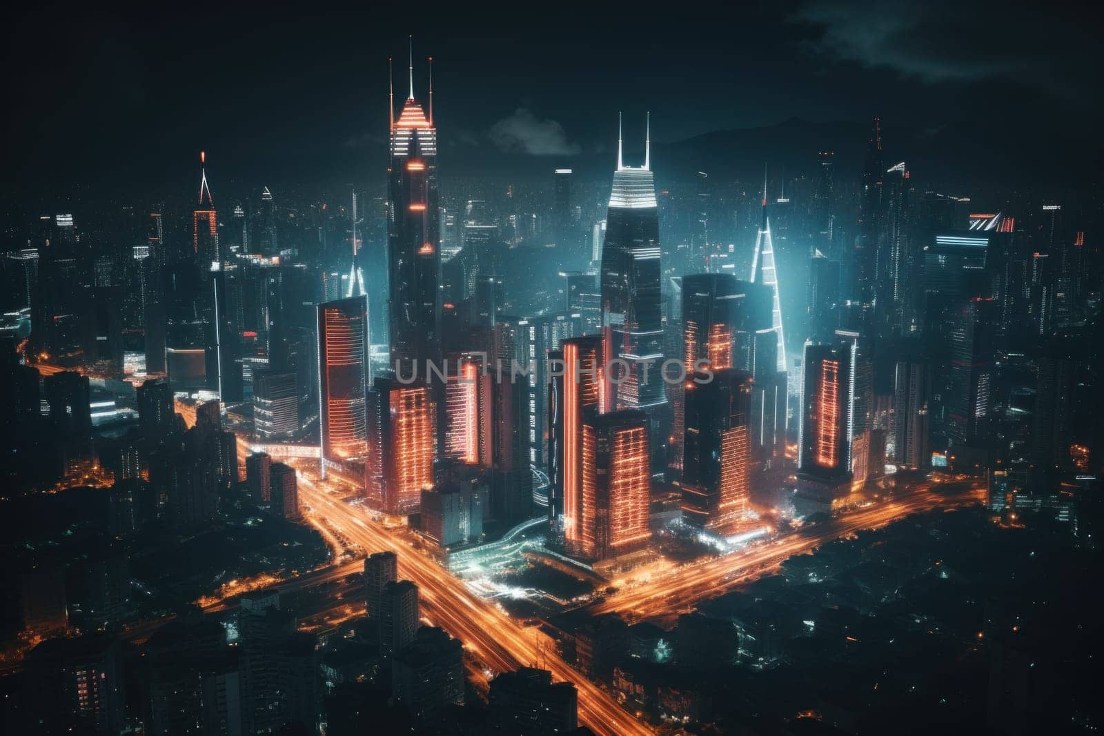 Aerial view of neon city, Cyberpunk metropolis at night by nijieimu