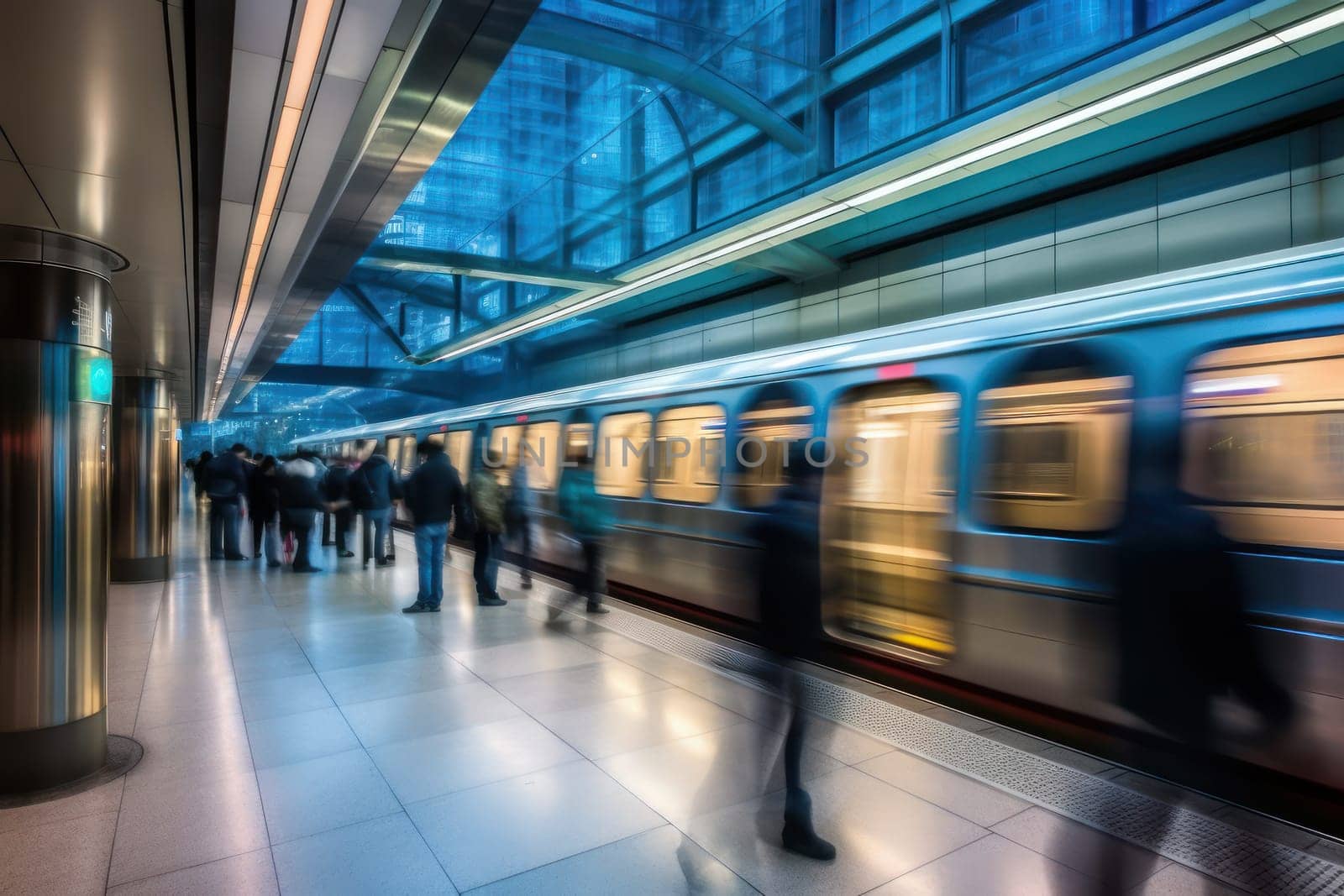 Blurred People Getting Into Subway Train During Rush Hour, Train in subway station during rush hour, Generative Ai by nijieimu