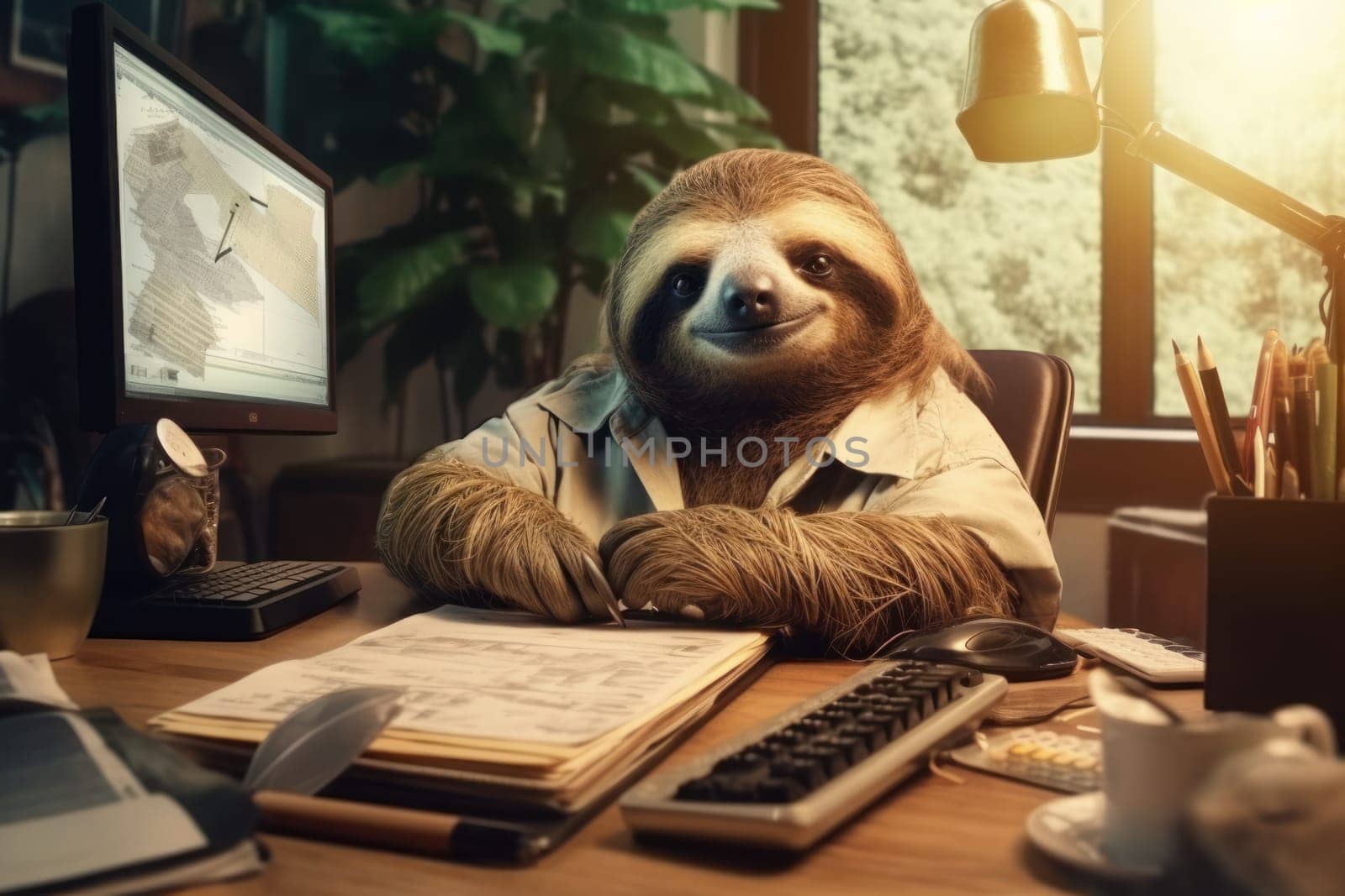 Photo sloth being lazy in the office Generative AI.