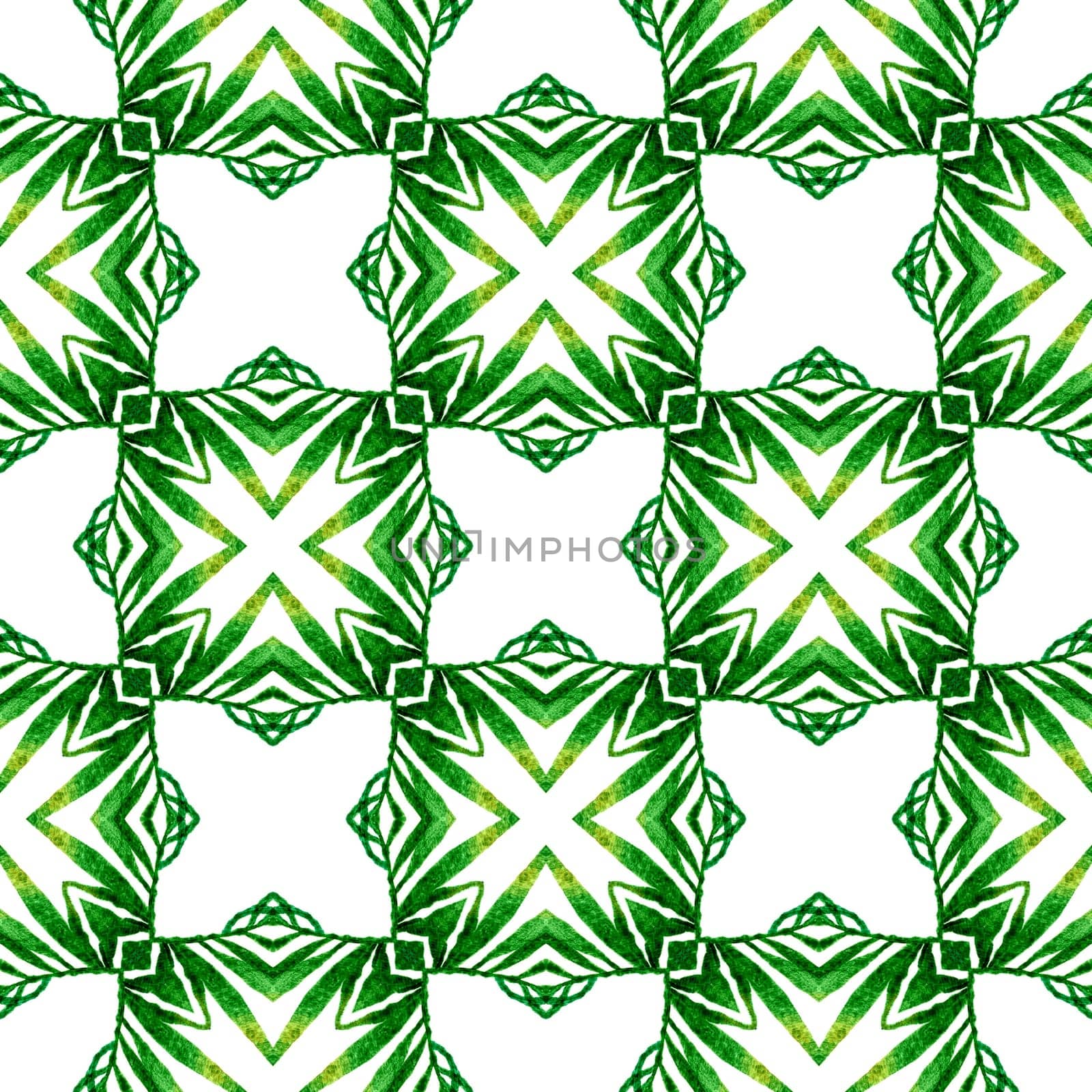 Chevron watercolor pattern. Green gorgeous boho chic summer design. Textile ready exotic print, swimwear fabric, wallpaper, wrapping. Green geometric chevron watercolor border.