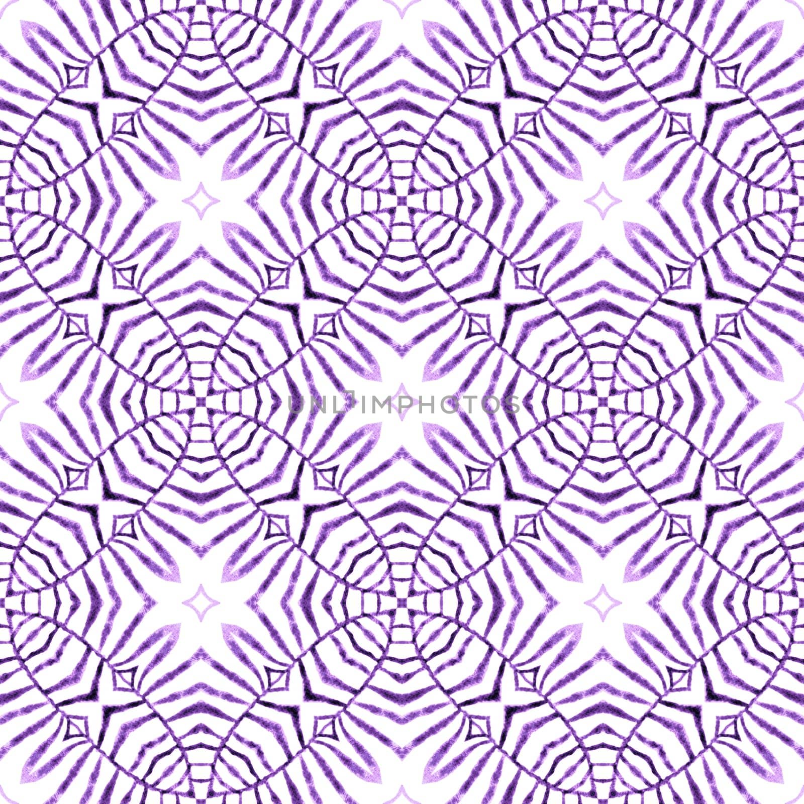 Textile ready curious print, swimwear fabric, wallpaper, wrapping. Purple shapely boho chic summer design. Watercolor medallion seamless border. Medallion seamless pattern.