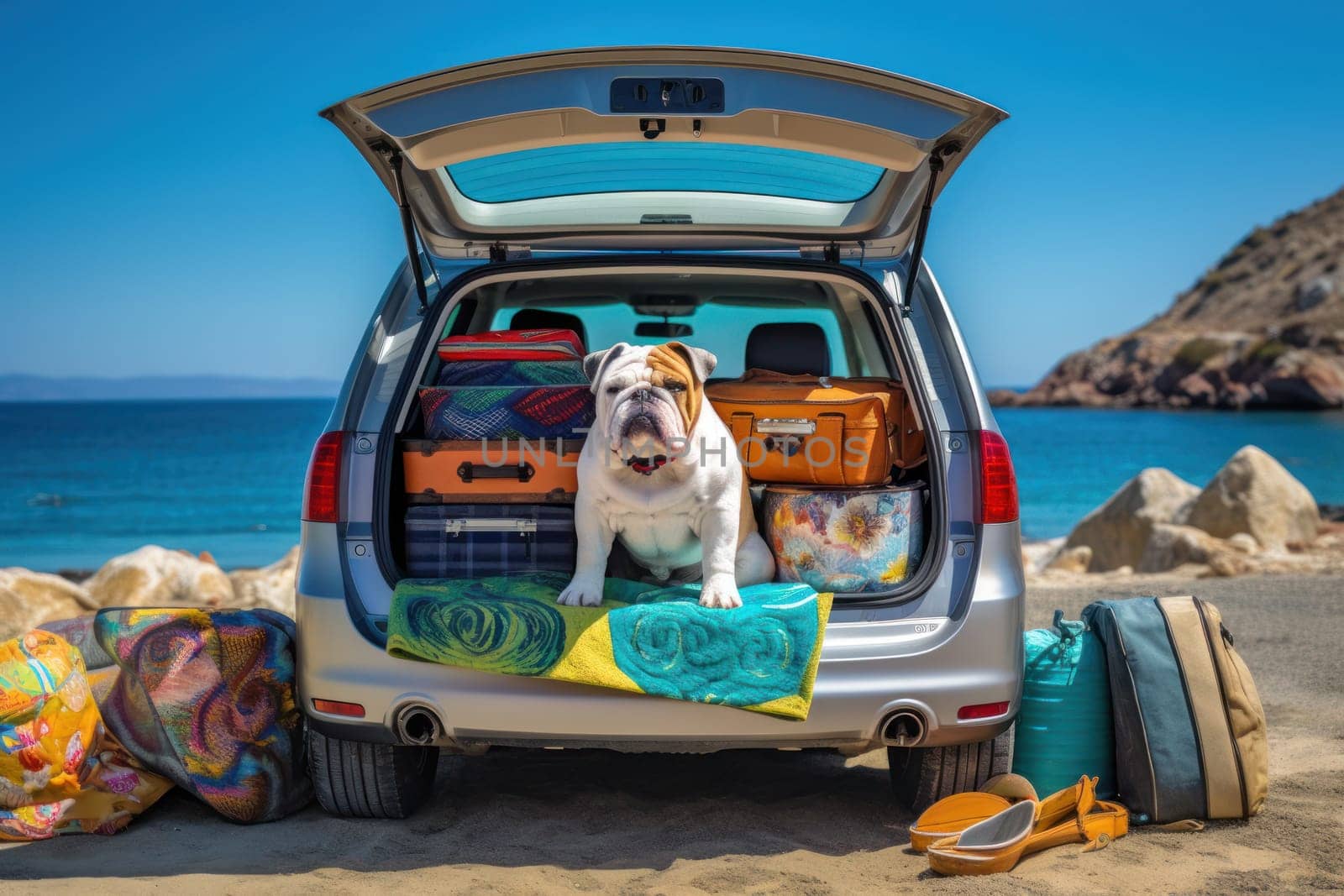 Car trunk with cute Dog and luggage Dog Travel concept Generative AI.