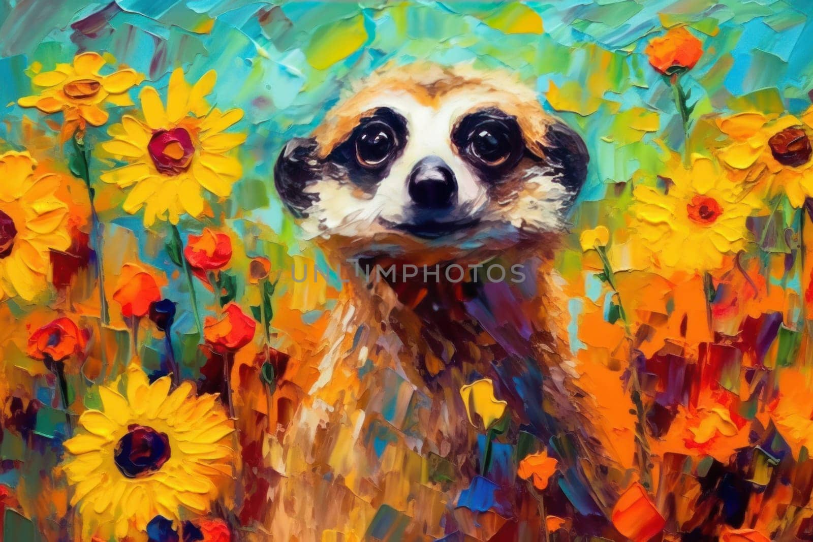 Meerkat made of oil paint modern art with sunflower Generative AI.