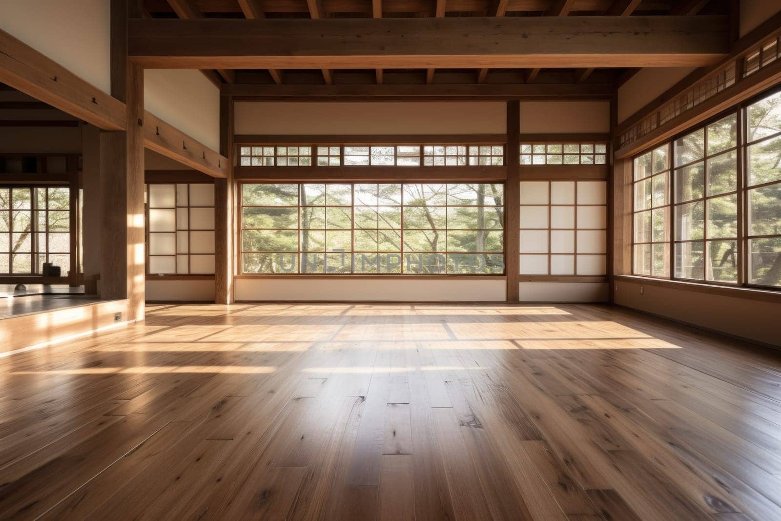 Muji style, Empty wooden room, Cleaning japandi room interior.