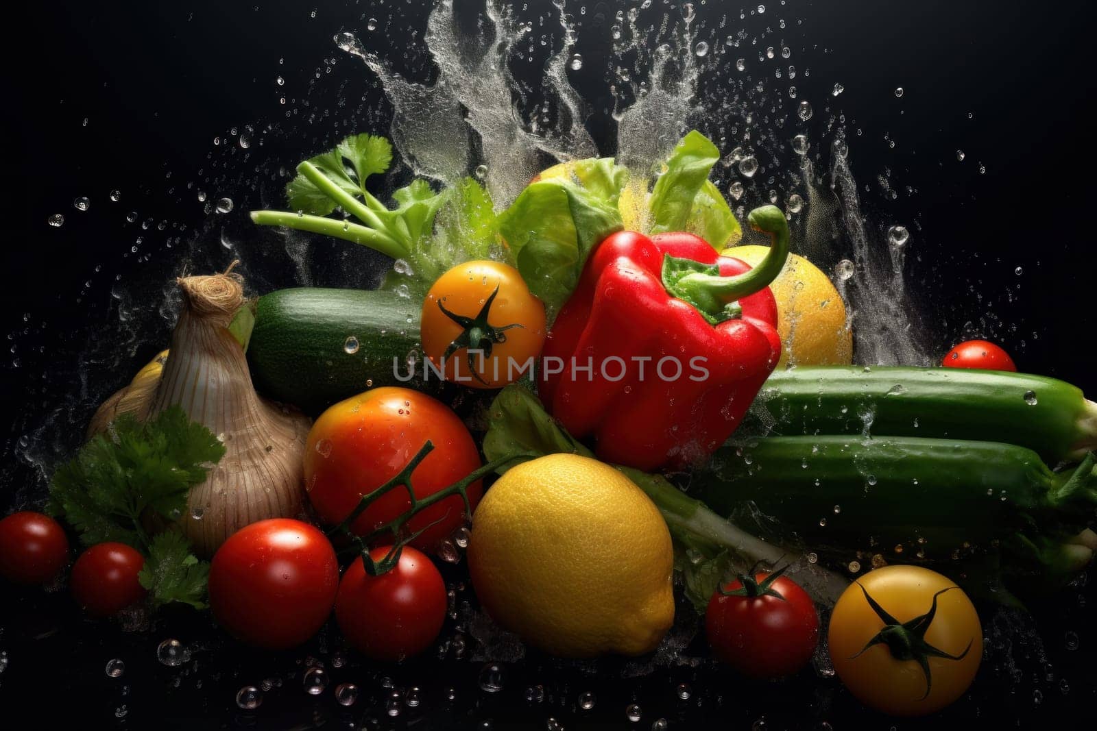 Photo of various vegetables with water splashes.