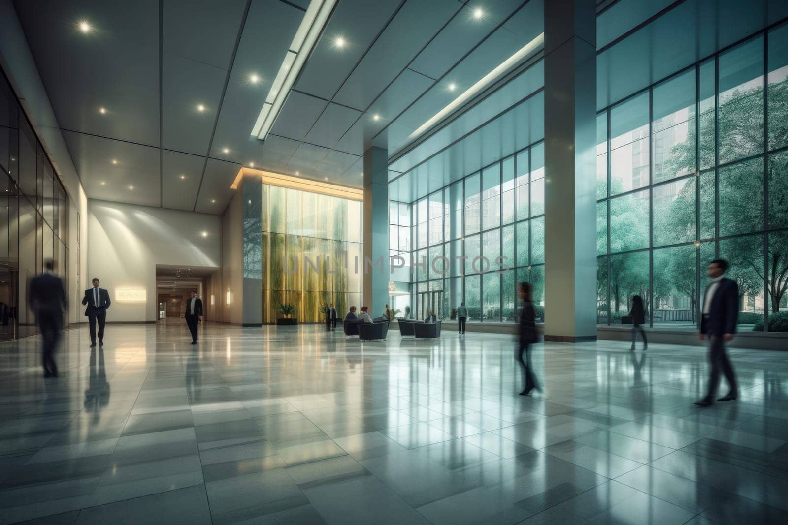 An office building with a huge people flow, fast shutter, Business people walking, Generative AI.