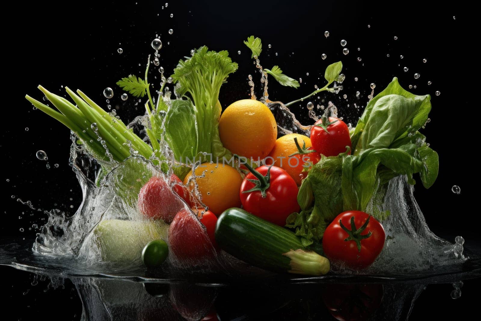 Photo of various vegetables with water splashes.