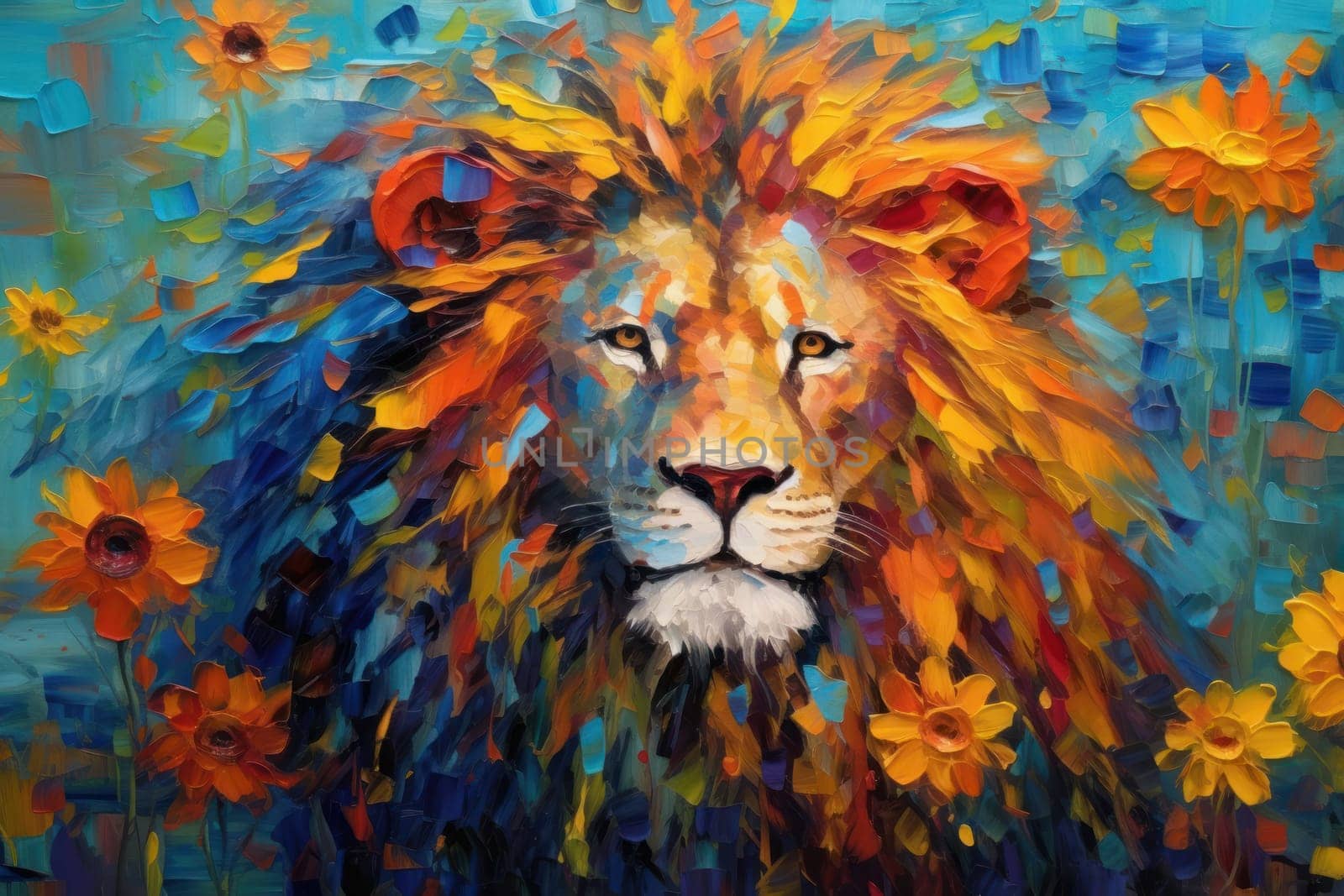 Lion made of oil paint modern art with sunflower Generative AI.