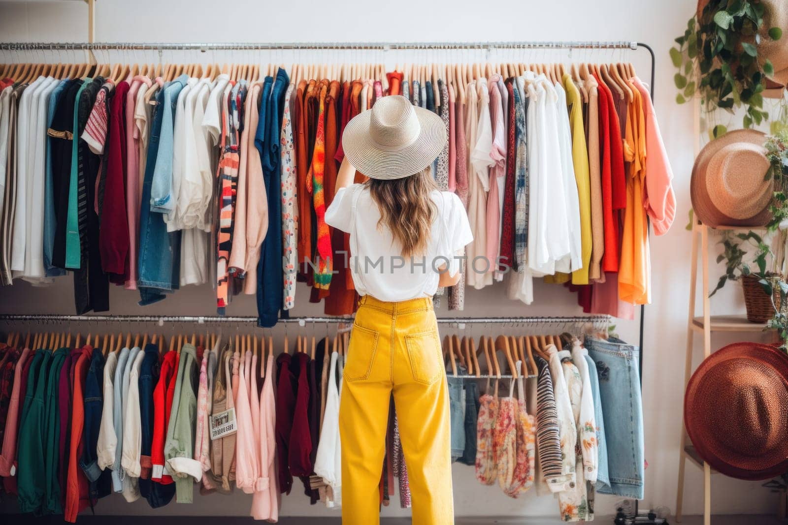 A shopper browsing through colorful clothing racks in a boutique.