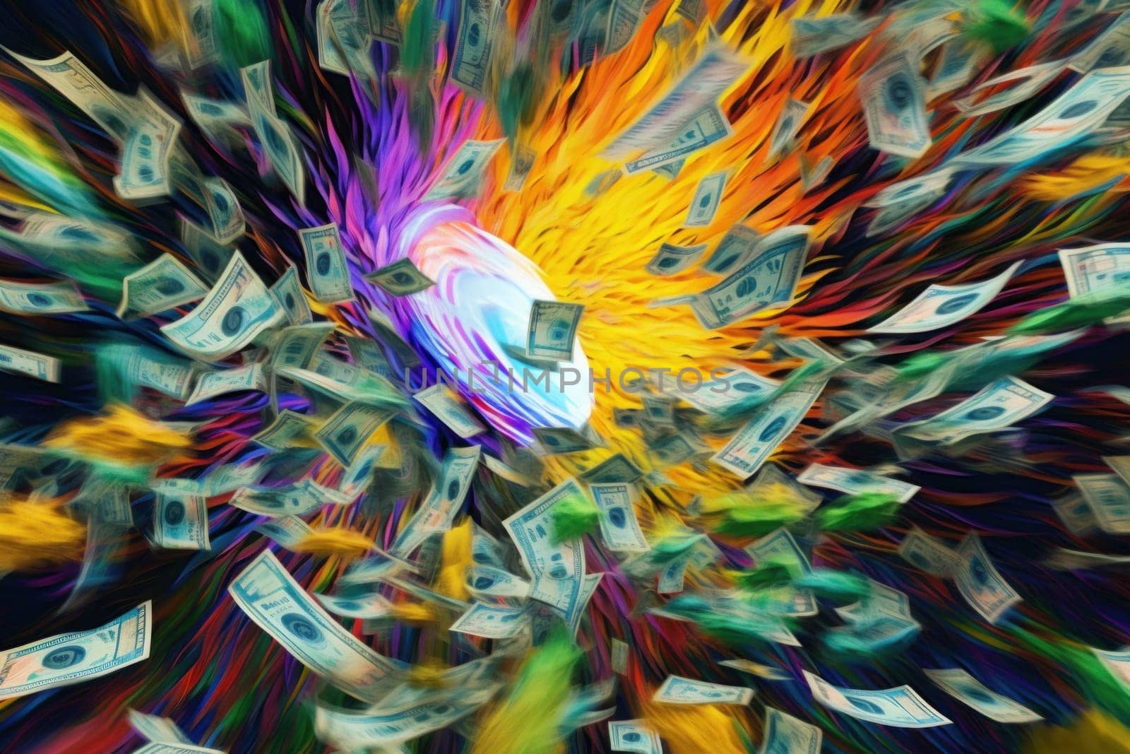 dollar bills falling with colorful abstract background.