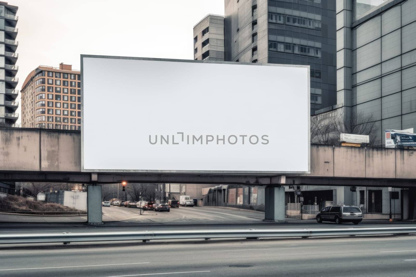White empty billboard in an urban environment. City streets, Generative AI.
