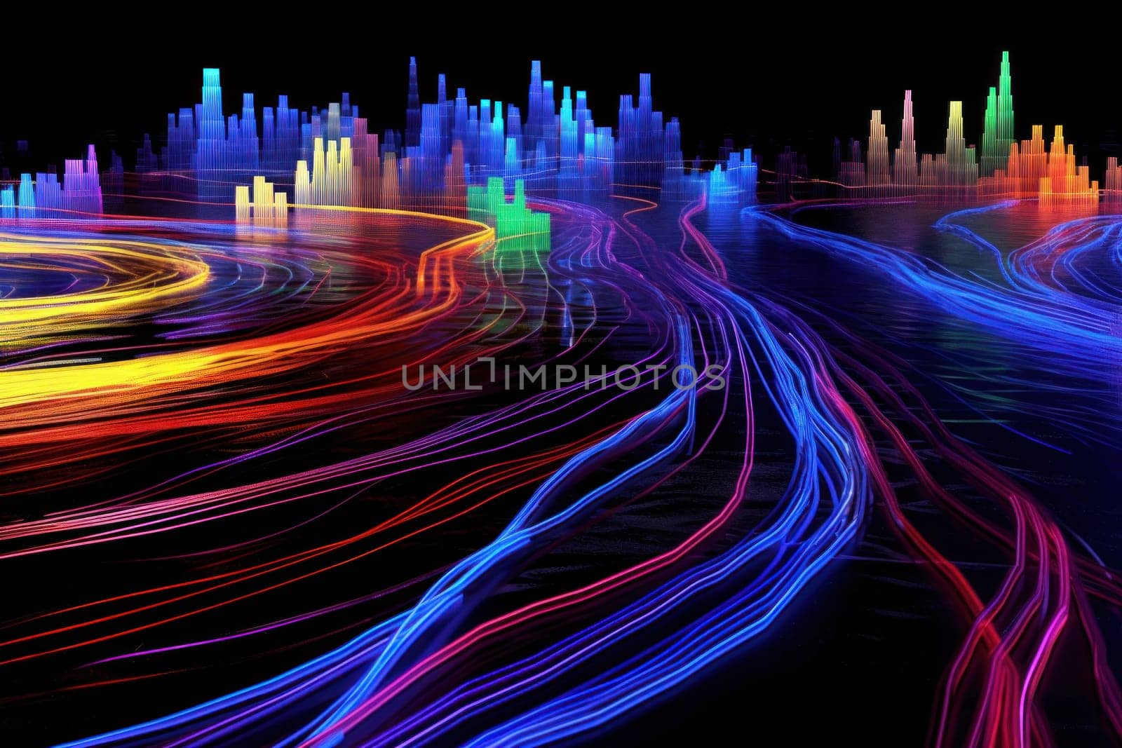 fiber optic speed line, image of modern city network communication concept.