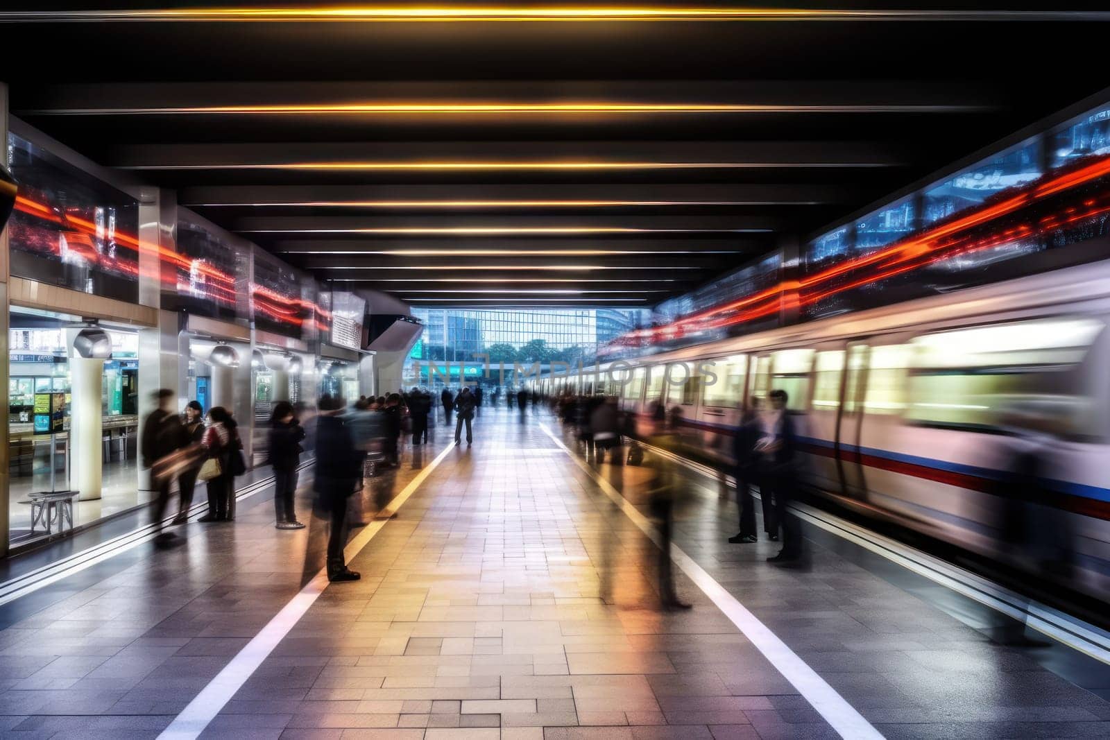 Blurred People Getting Into Subway Train During Rush Hour, Train in subway station during rush hour, Generative Ai.