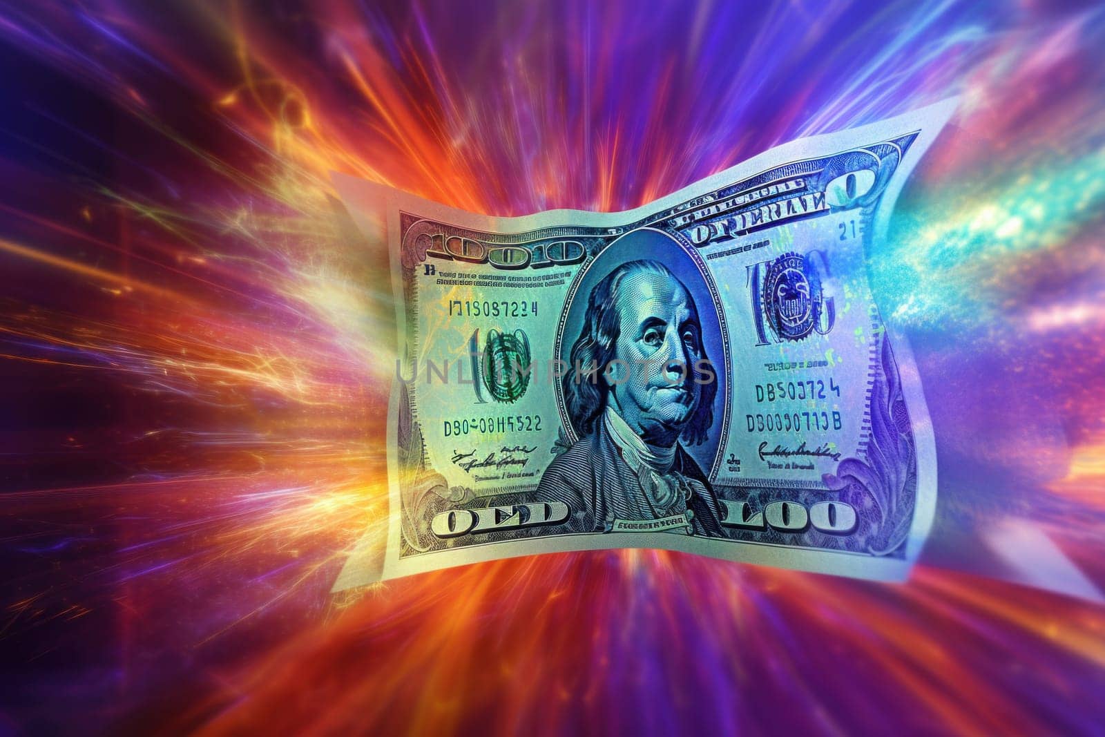 dollar bills falling with colorful abstract background.